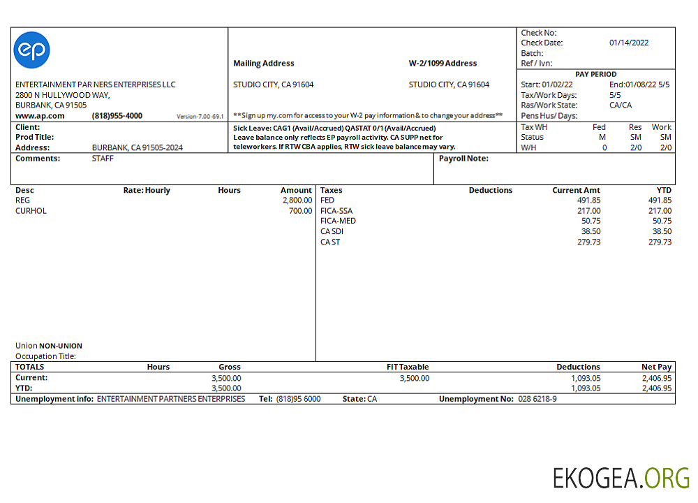 Bulletin de paie de la société financière USA Entertainment Partners Enterprises